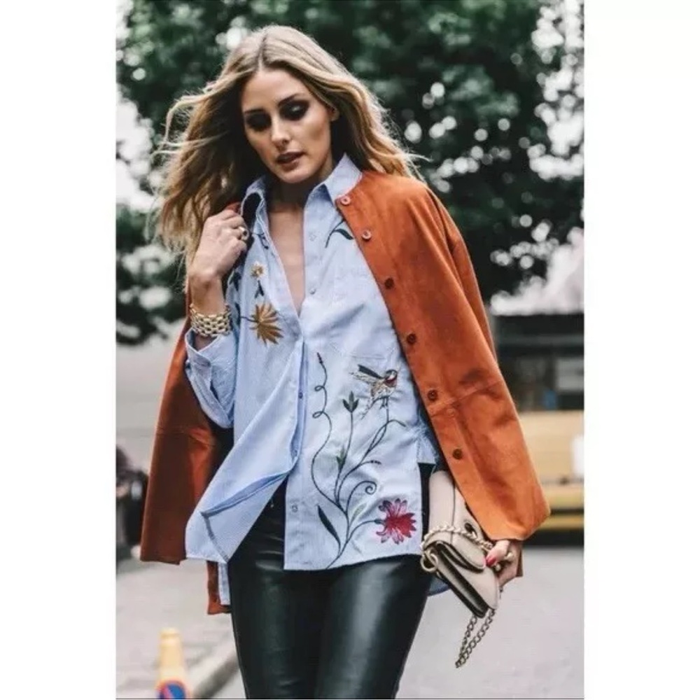 Zara Striped Embroidered Floral Poplin Shirt M blue white Flower Hi Low